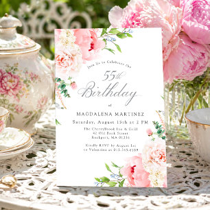 55th Birthday Party Feminine Pink Roses Floral Inv Invitation