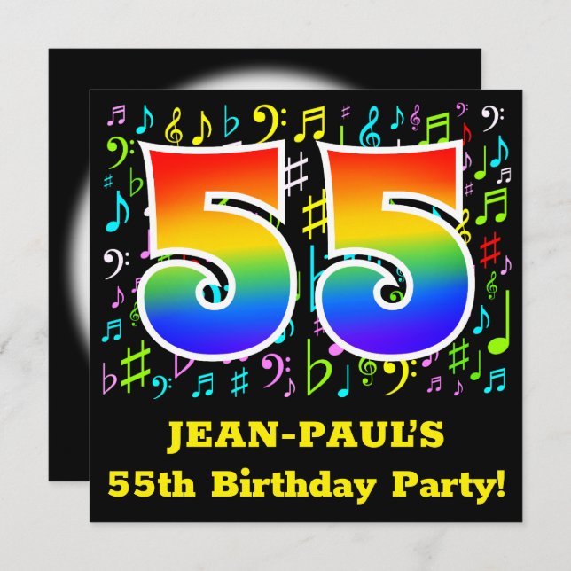 55th Birthday Party: Fun Music Symbols, Rainbow 55 Invitation (Front/Back)