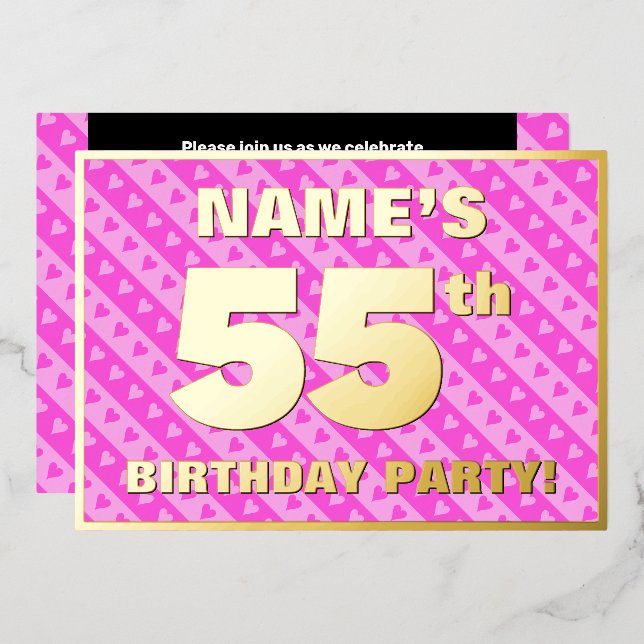 55th Birthday Party — Fun Pink Hearts and Stripes (Front/Back)