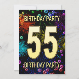 55th Birthday Party Invitation Fireworks Bubbles