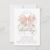 55th Birthday Party Pink Coquette Bow Rose Floral