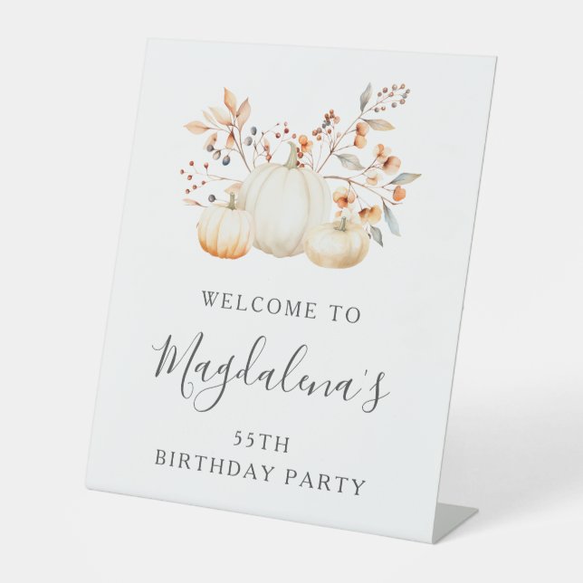 55th Birthday Party Pumpkin Fall Leaves Welcome Pedestal Sign (Front)