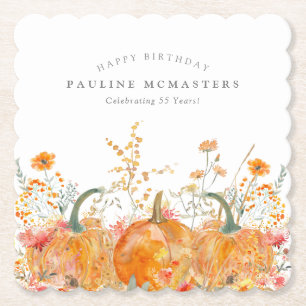 55th Birthday Party Pumpkin Wildflower Custom Paper Coaster