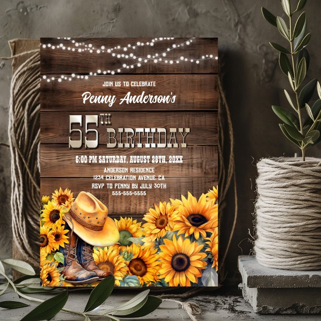 55th Birthday Party Rustic Wood Sunflower Invitation (Creator Uploaded)