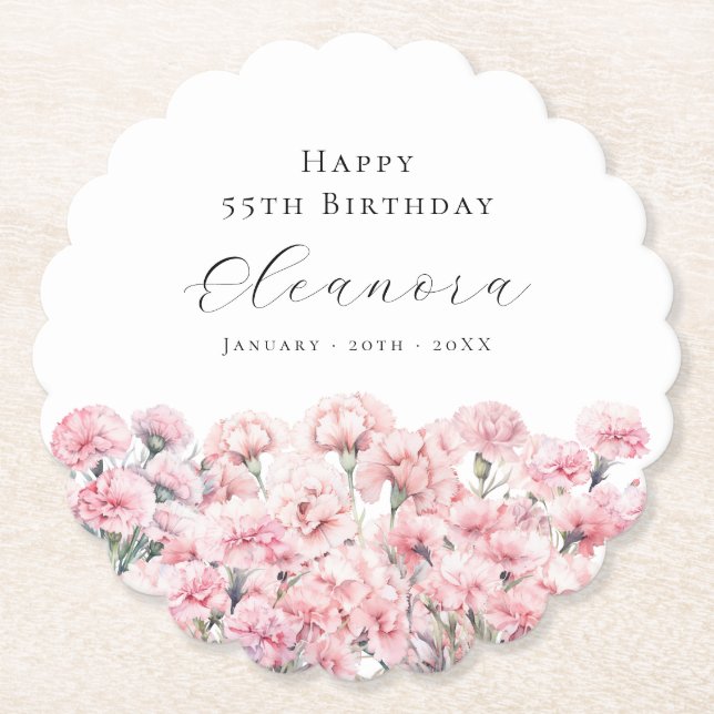 55th Birthday Pink Carnation January Birth Flower Paper Coaster (Front)