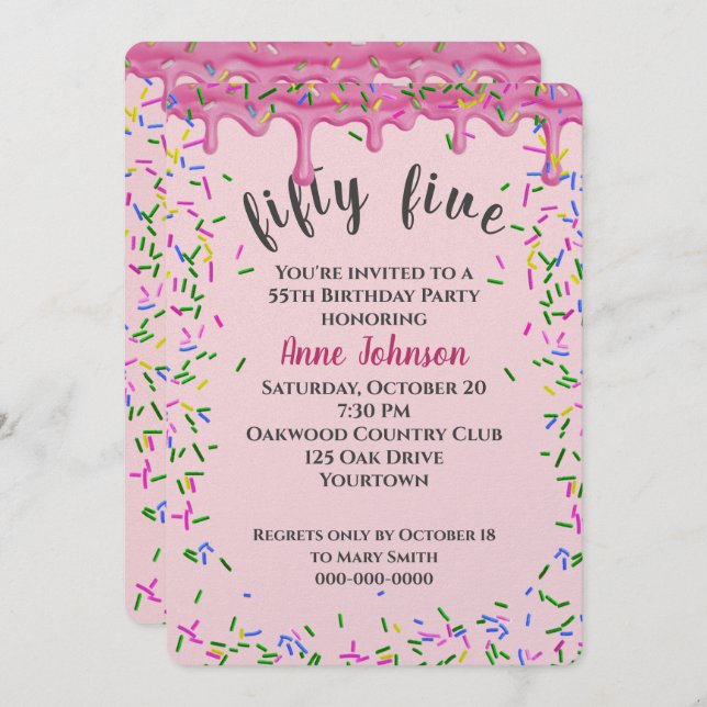 55th Birthday Pink Icing And Sprinkles Invitation (Front/Back)