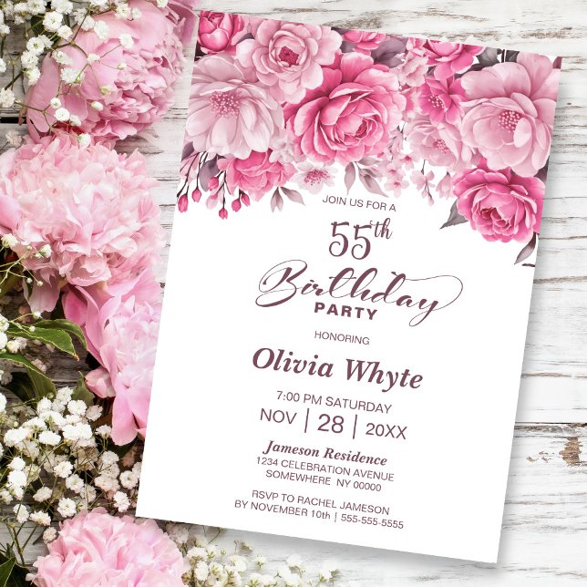 55th Birthday Pink Rose Floral Party Invitation (Creator Uploaded)