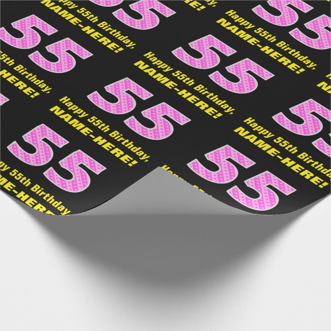 55th Birthday: Pink Stripes and Hearts "55" + Name Wrapping Paper (Corner)