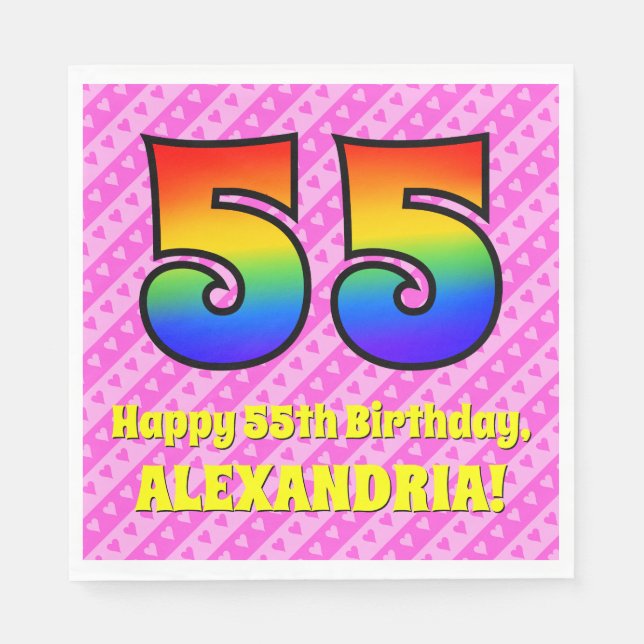 55th Birthday: Pink Stripes & Hearts, Rainbow # 55 Napkin (Front)