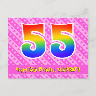 55th Birthday: Pink Stripes & Hearts, Rainbow 55 Postcard