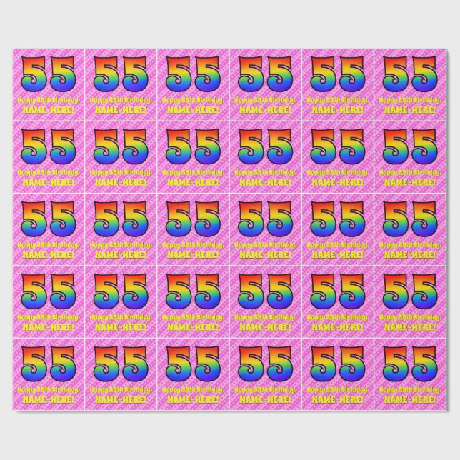 55th Birthday: Pink Stripes & Hearts, Rainbow # 55 Wrapping Paper (Flat)