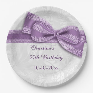 55th Birthday Purple Damask and Faux Bow Paper Plate