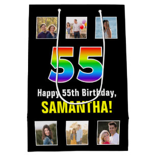 55th Birthday: Rainbow “55“, Custom Photos & Name Medium Gift Bag