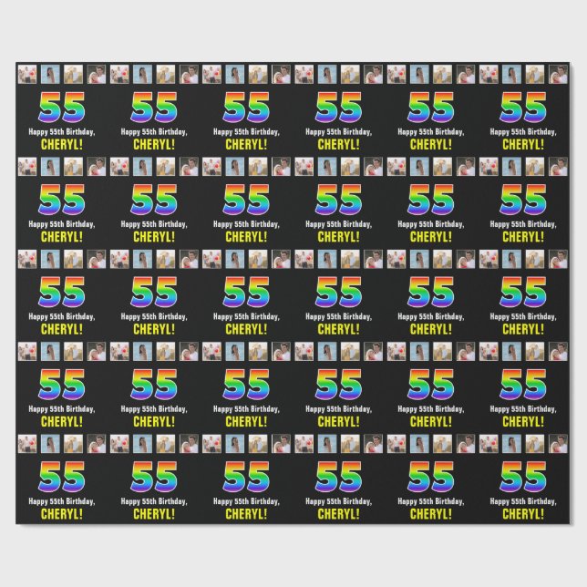 55th Birthday: Rainbow “55“; Custom Photos & Name Wrapping Paper (Flat)