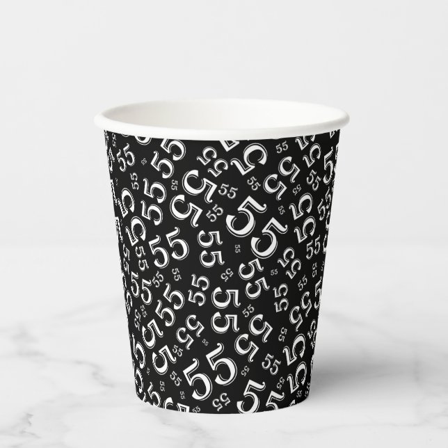 55th Birthday Random Number Pattern Black/White 55 Paper Cups (Front)