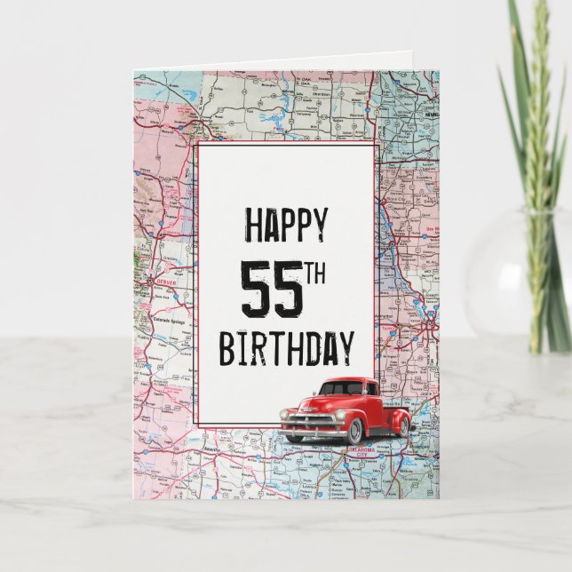 55th Birthday Red Retro Truck on Map   Card (Front)