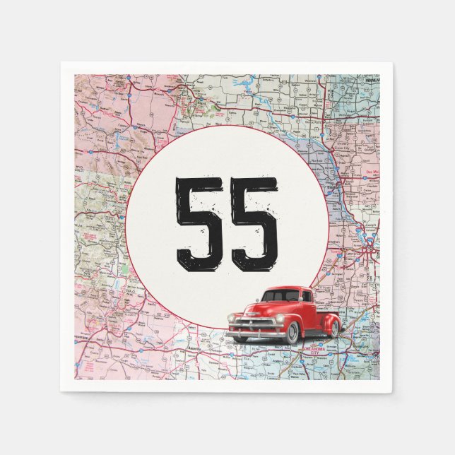 55th Birthday Red Retro Truck on Road Map  Napkin (Front)