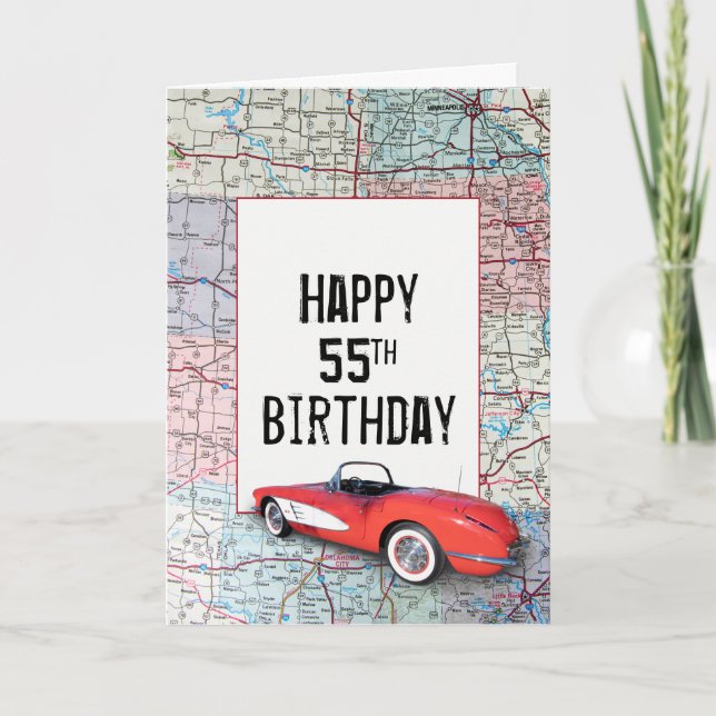 55th Birthday Retro Corvette on Map   Card (Front)