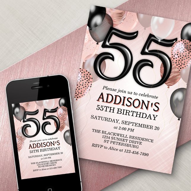 55th Birthday Rose Gold Balloons Invitation (Creator Uploaded)