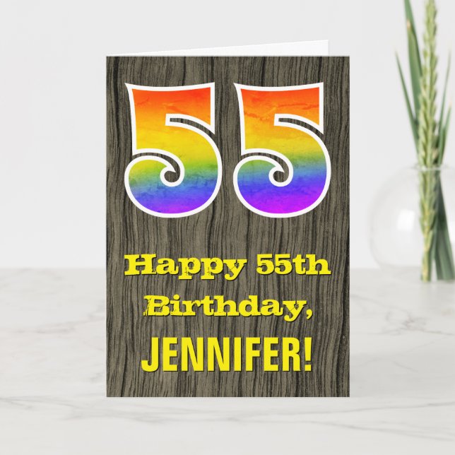 55th Birthday: Rustic Faux Wood Look, Rainbow "55" Card (Front)