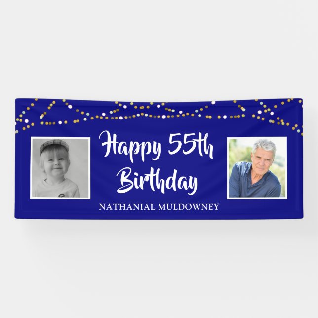 55th Birthday String Lights Photo Name Royal Blue Banner (Horizontal)