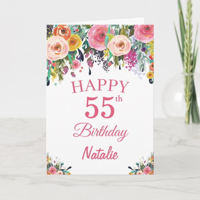 55th Birthday Watercolor Floral Flowers Pink Card (Front)