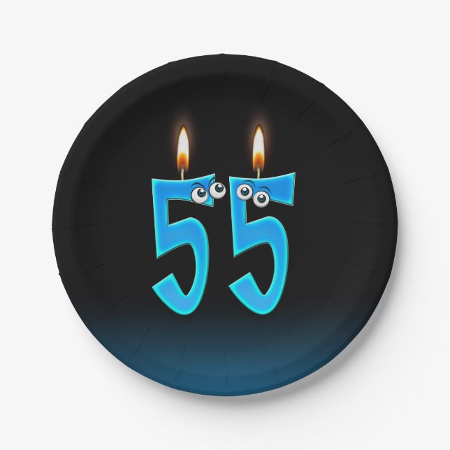55th Birthday with lit candle numbers Paper Plate (Front)