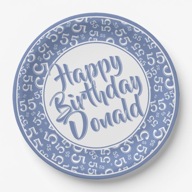 55th Blue/White Random Number Pattern Paper Plate (Front)