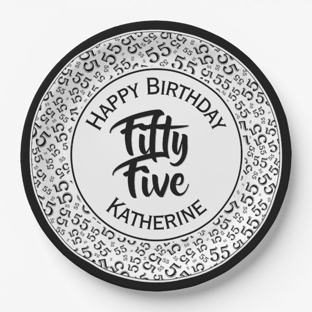 55th  Cool Random Number Pattern Black/White Paper Plate (Front)