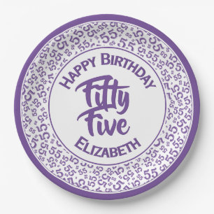 55th Cool Random Number Pattern Purple/White Paper Plate
