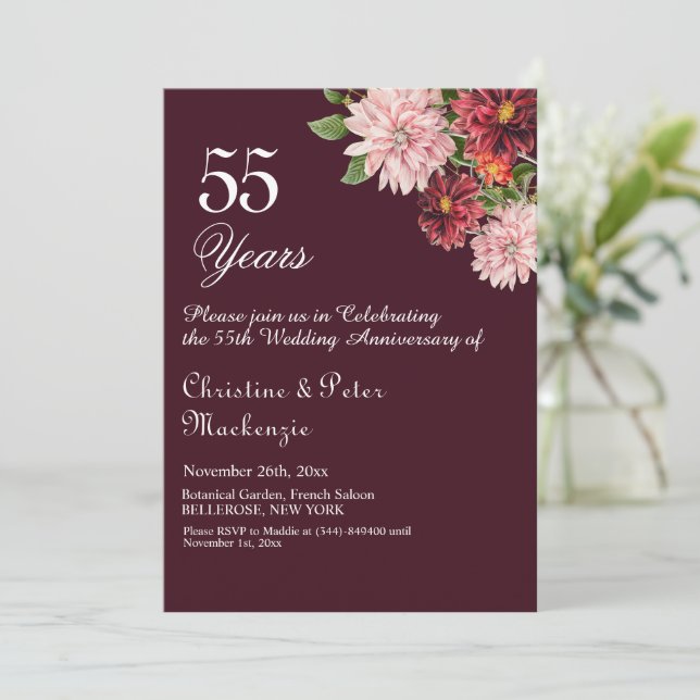 55th Emerald Wedding Anniversary Burgundy Floral Invitation (Standing Front)