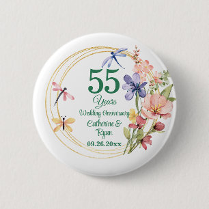 55th Emerald Wedding Anniversary Gold Frame Floral 6 Cm Round Badge
