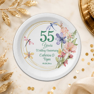 55th Emerald Wedding Anniversary Gold Frame Floral Paper Plate