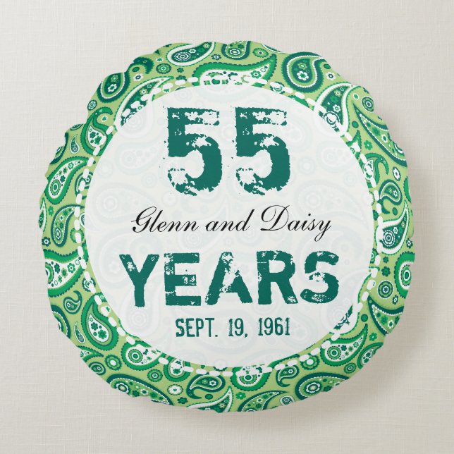 55th Emerald Wedding Anniversary Paisley Pattern Round Cushion (Front)