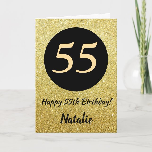 55th Happy Birthday Black and Gold Glitter Card (Front)