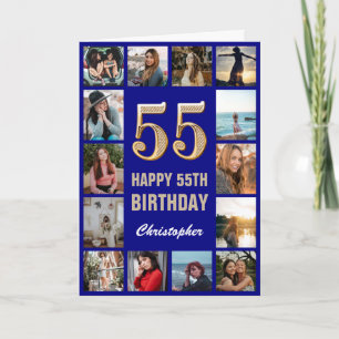 55th Happy Birthday Navy Blue & Gold Photo Collage Card