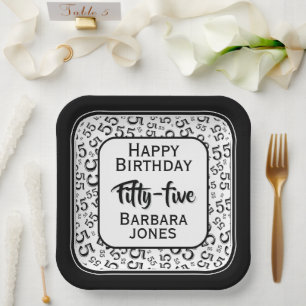 55th Party Random Number Pattern Black/White Paper Plate