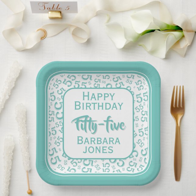 55th Party Random Number Pattern Teal/White Paper Plate (Wedding)