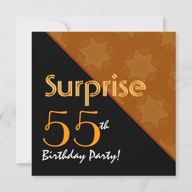 55th Surprise Birthday Black and Gold Diagonal Invitation (Front)