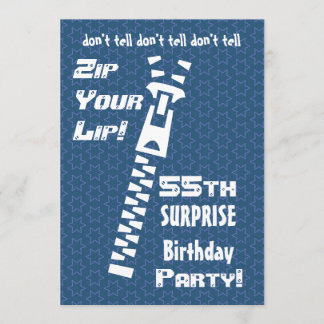 55th SURPRISE Birthday Blue Stars Zip Your Lip Invitation