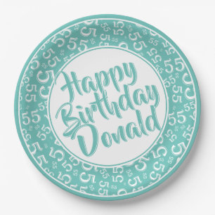 55th Teal/White Random Number Pattern Paper Plate