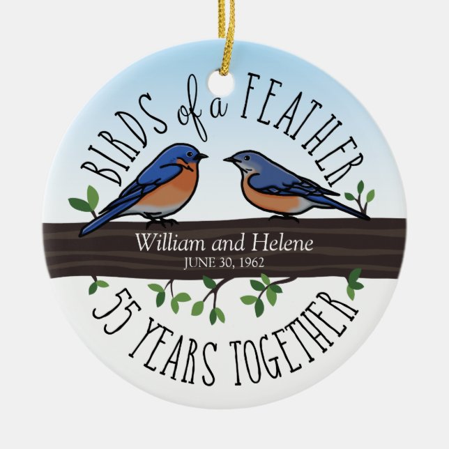 55th Wedding Anniversary, Bluebirds of a Feather Ceramic Ornament (Front)