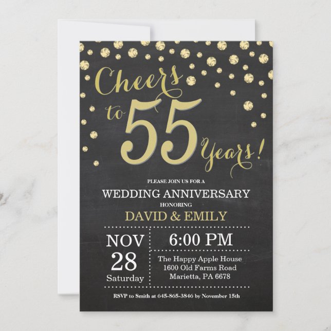 55th Wedding Anniversary Chalkboard Black and Gold Invitation (Front)