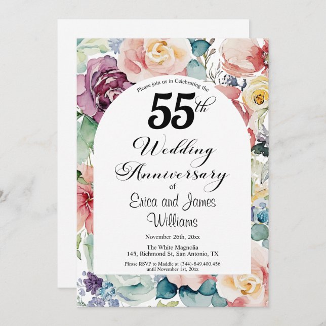 55th Wedding Anniversary Elegant Script Floral Invitation (Front/Back)