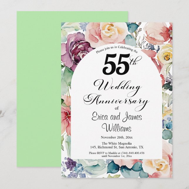 55th Wedding Anniversary Elegant Script Floral Invitation (Front/Back)
