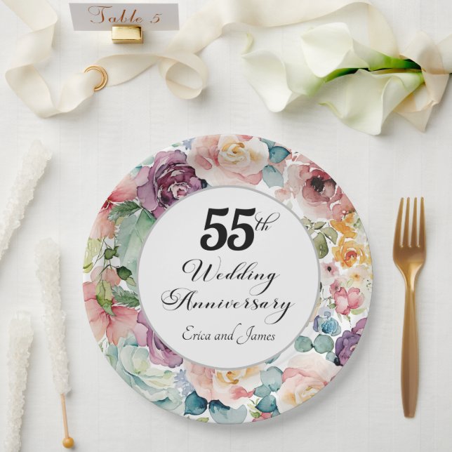 55th Wedding Anniversary Elegant Script Floral Paper Plate (Wedding)