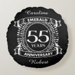 55th wedding anniversary emerald crest round cushion<br><div class="desc">A romantic design to celebrate your 55th year of marriage. If you would like any help customising this design please contact me, their is an ask this designer button, just below this text. This fifty fifth, 55 years wedding anniversary crest has the text emerald as that is the traditional gift...</div>