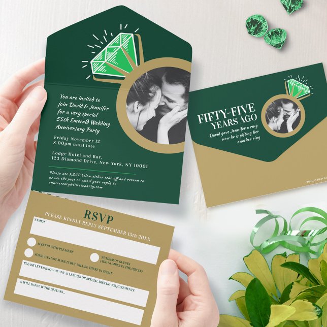 55th wedding anniversary emerald gold ring all in one invitation (Creator Uploaded)