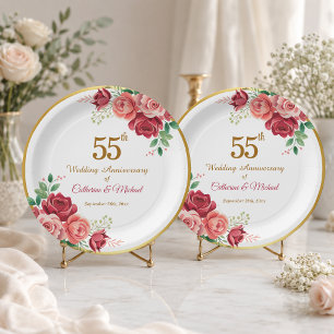 55th Wedding Anniversary Gold Frame Floral Paper Plate