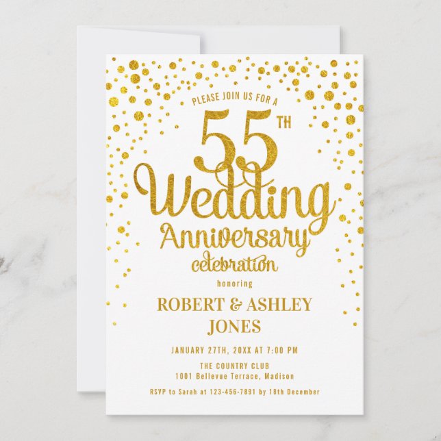 55th Wedding Anniversary - Gold & White Invitation (Front)